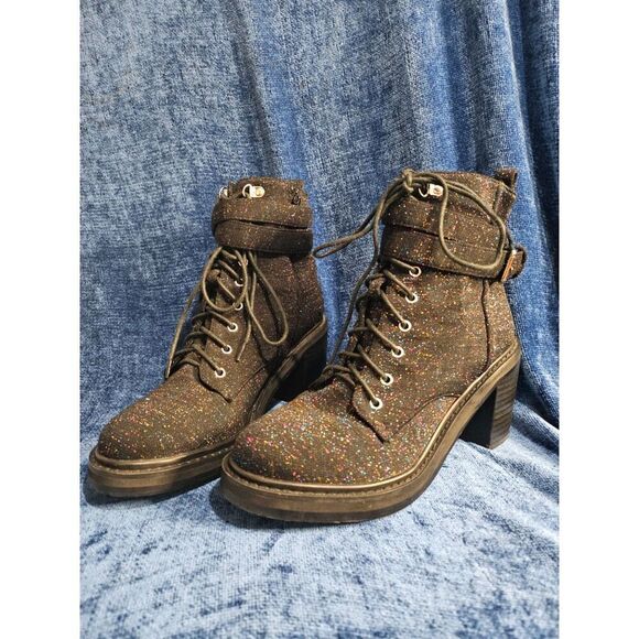 Anthropologie black Suede Glitter Combat Boots Zip Lace Strap W 9 EU 40 - Picture 4 of 10